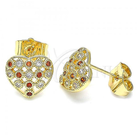 Oro Laminado Stud Earring, Gold Filled Style Heart Design, with Garnet and White Micro Pave, Polished, Golden Finish, 02.156.0485.1