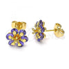 Oro Laminado Stud Earring, Gold Filled Style Flower Design, with Amethyst Cubic Zirconia, Polished, Golden Finish, 02.310.0051