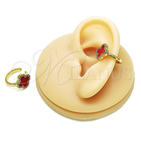 Oro Laminado Earcuff Earring, Gold Filled Style Four-leaf Clover Design, with White Micro Pave, Red Enamel Finish, Golden Finish, 02.341.0229.2.15