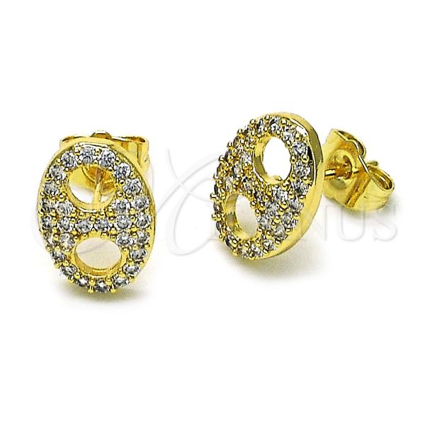 Oro Laminado Stud Earring, Gold Filled Style Puff Mariner Design, with White Micro Pave, Polished, Golden Finish, 02.283.0095