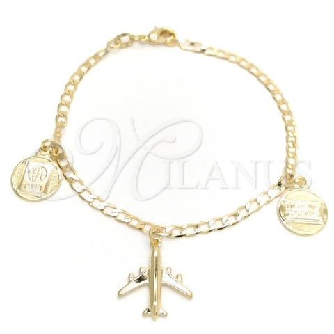 Oro Laminado Charm Bracelet, Gold Filled Style Miami Cuban and Heart Design, Polished, Golden Finish, 03.58.0064.07
