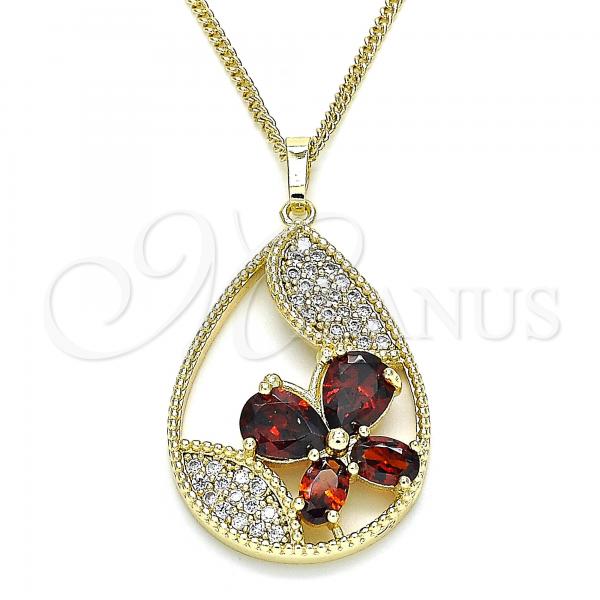 Oro Laminado Pendant Necklace, Gold Filled Style Teardrop and Butterfly Design, with Garnet Cubic Zirconia and White Micro Pave, Polished, Golden Finish, 04.284.0022.1.20