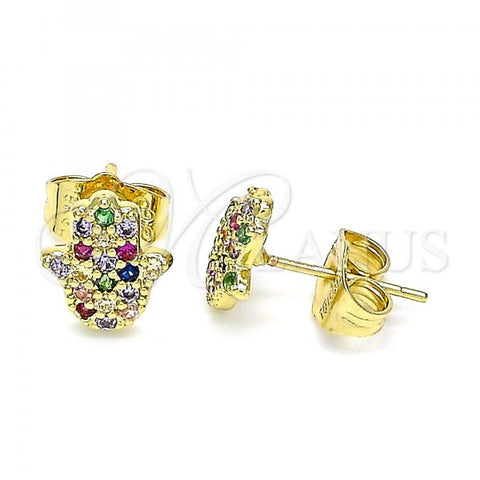 Oro Laminado Stud Earring, Gold Filled Style Hand of God Design, with Multicolor Micro Pave, Polished, Golden Finish, 02.156.0551.1