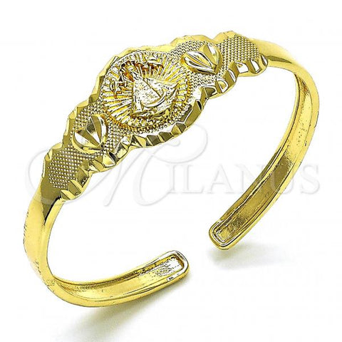 Oro Laminado Individual Bangle, Gold Filled Style Caridad del Cobre and Heart Design, Diamond Cutting Finish, Golden Finish, 07.253.0024