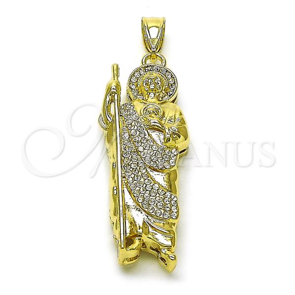 Oro Laminado Religious Pendant, Gold Filled Style San Judas Design, with White Crystal, Polished, Golden Finish, 05.411.0060