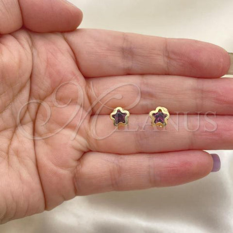 Oro Laminado Stud Earring, Gold Filled Style Star Design, with Dark Amethyst Cubic Zirconia, Polished, Golden Finish, 02.02.0533.4