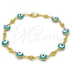 Oro Laminado Fancy Bracelet, Gold Filled Style Evil Eye Design, Turquoise Enamel Finish, Golden Finish, 03.213.0019.2.08