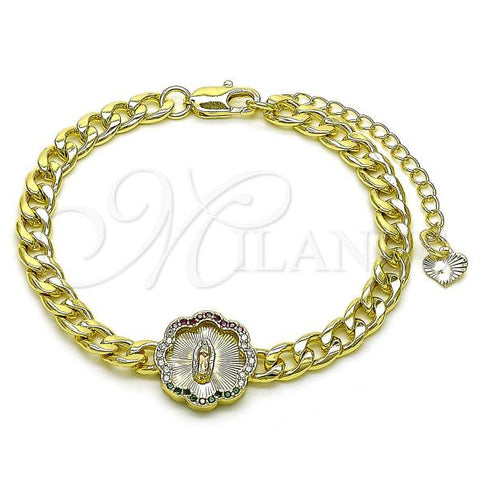 Oro Laminado Fancy Bracelet, Gold Filled Style Guadalupe and Curb Design, with Multicolor Cubic Zirconia, Diamond Cutting Finish, Tricolor, 03.120.0009.07