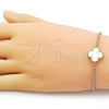 Oro Laminado Adjustable Bolo Bracelet, Gold Filled Style Four-leaf Clover and Box Design, with Ivory Micro Pave and White Cubic Zirconia, Polished, Golden Finish, 03.341.0235.5.11