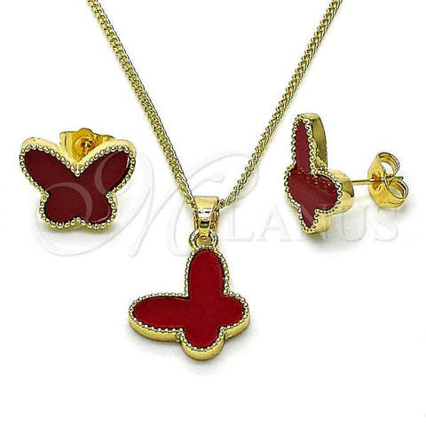 Oro Laminado Earring and Pendant Adult Set, Gold Filled Style Butterfly Design, with Garnet Mother of Pearl, Polished, Golden Finish, 10.283.0020.2