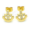 Oro Laminado Stud Earring, Gold Filled Style Anchor Design, with White Micro Pave, Polished, Golden Finish, 02.156.0386