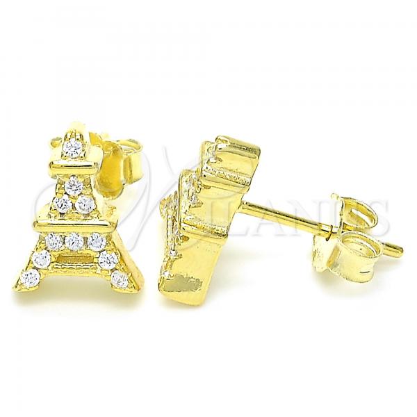 Sterling Silver Stud Earring, Eiffel Tower Design, with White Cubic Zirconia, Polished, Golden Finish, 02.336.0164.2