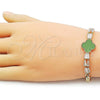 Oro Laminado Fancy Bracelet, Gold Filled Style Four-leaf Clover and Baguette Design, with Green Mother of Pearl and White Cubic Zirconia, Polished, Golden Finish, 03.283.0415.3.07