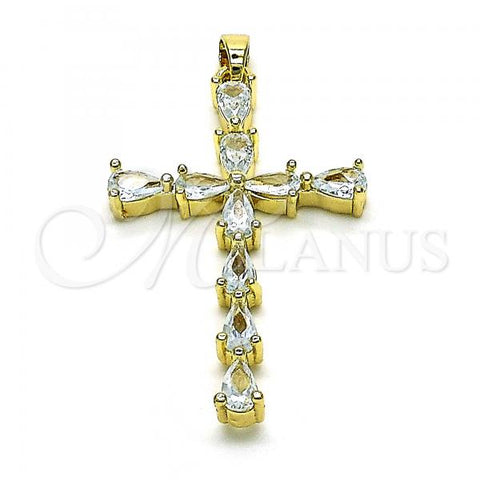Oro Laminado Religious Pendant, Gold Filled Style Cross Design, with White Cubic Zirconia, Polished, Golden Finish, 05.284.0007