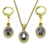 Oro Laminado Earring and Pendant Adult Set, Gold Filled Style with Amethyst Cubic Zirconia and White Micro Pave, Polished, Golden Finish, 10.387.0007.1