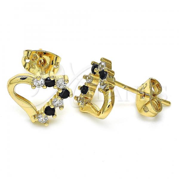 Oro Laminado Stud Earring, Gold Filled Style Heart Design, with Black and White Cubic Zirconia, Polished, Golden Finish, 02.213.0135.2