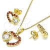 Oro Laminado Earring and Pendant Adult Set, Gold Filled Style Heart Design, with Garnet and White Cubic Zirconia, Polished, Golden Finish, 10.210.0159.1