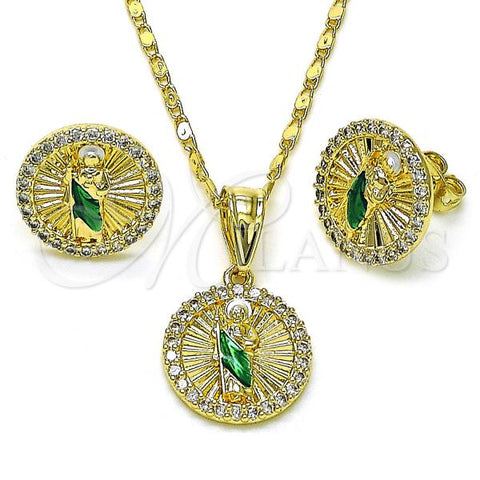 Oro Laminado Earring and Pendant Adult Set, Gold Filled Style San Judas Design, with White Cubic Zirconia, Diamond Cutting Finish, Tricolor, 10.411.0004