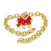 Oro Laminado Charm Bracelet, Gold Filled Style Elephant and Rolo Design, with White Crystal, Red Enamel Finish, Golden Finish, 03.179.0001.1.07