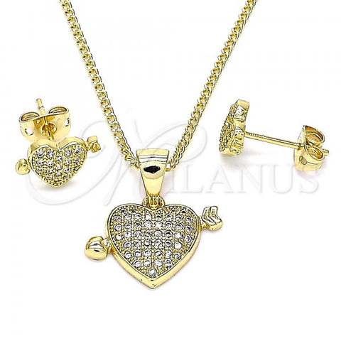 Oro Laminado Earring and Pendant Adult Set, Gold Filled Style Heart Design, with White Micro Pave, Polished, Golden Finish, 10.342.0063