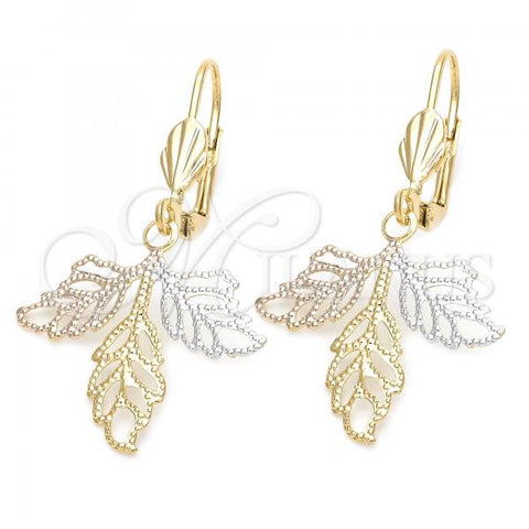 Oro Laminado Dangle Earring, Gold Filled Style Leaf Design, Diamond Cutting Finish, Tricolor, 5.076.006