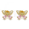 Oro Laminado Stud Earring, Gold Filled Style Butterfly Design, with Pink Cubic Zirconia, Polished, Golden Finish, 02.387.0007