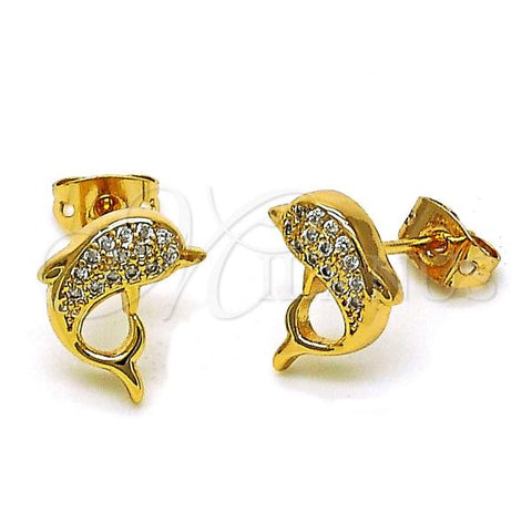Oro Laminado Stud Earring, Gold Filled Style Dolphin Design, with White Micro Pave, Polished, Golden Finish, 02.342.0287