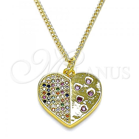 Oro Laminado Pendant Necklace, Gold Filled Style Heart Design, with Multicolor Micro Pave, Polished, Golden Finish, 04.381.0014.20