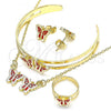 Oro Laminado Necklace, Bracelet, Earring and Ring, Gold Filled Style Butterfly Design, Red Enamel Finish, Golden Finish, 06.361.0038
