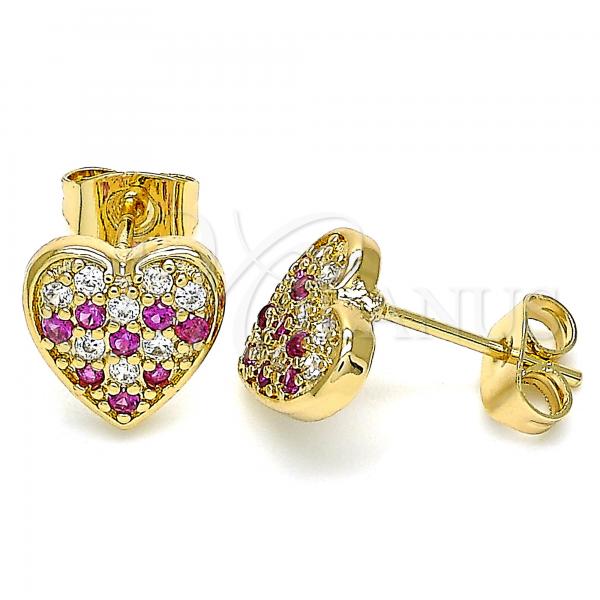 Oro Laminado Stud Earring, Gold Filled Style Heart Design, with Ruby and White Micro Pave, Polished, Golden Finish, 02.344.0086.1