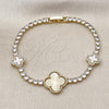 Oro Laminado Fancy Bracelet, Gold Filled Style Four-leaf Clover Design, with White Cubic Zirconia and Ivory Mother of Pearl, Diamond Cutting Finish, Golden Finish, 03.284.0054.07