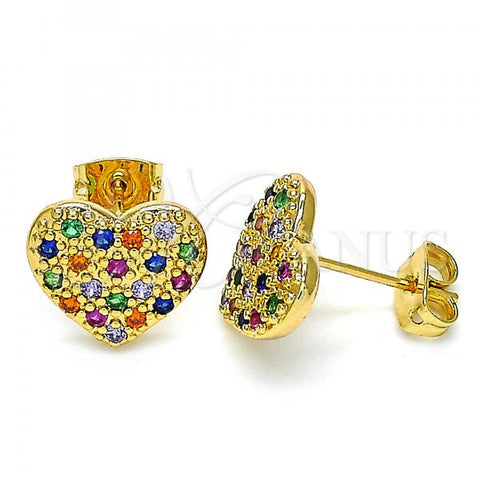 Oro Laminado Stud Earring, Gold Filled Style Heart Design, with Multicolor Micro Pave, Polished, Golden Finish, 02.377.0022