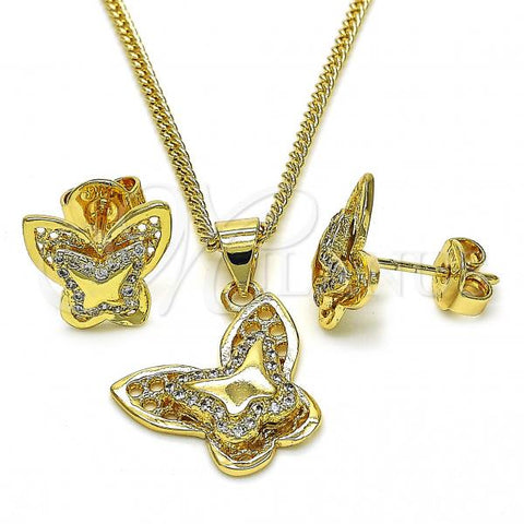 Oro Laminado Earring and Pendant Adult Set, Gold Filled Style Butterfly Design, with White Micro Pave, Polished, Golden Finish, 10.156.0211