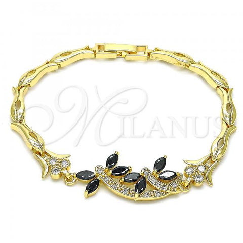 Oro Laminado Fancy Bracelet, Gold Filled Style Dragon-Fly and Heart Design, with Black and White Cubic Zirconia, Polished, Golden Finish, 03.210.0119.07