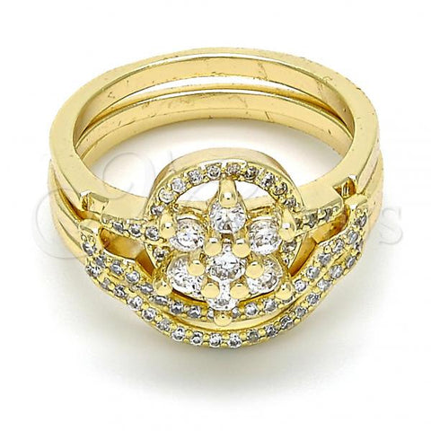 Oro Laminado Wedding Ring, Gold Filled Style Flower and Triple Design, with White Cubic Zirconia and White Micro Pave, Polished, Golden Finish, 01.99.0041.10 (Size 10)
