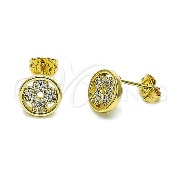 Oro Laminado Stud Earring, Gold Filled Style Four-leaf Clover Design, with White Micro Pave, Polished, Golden Finish, 02.213.0782