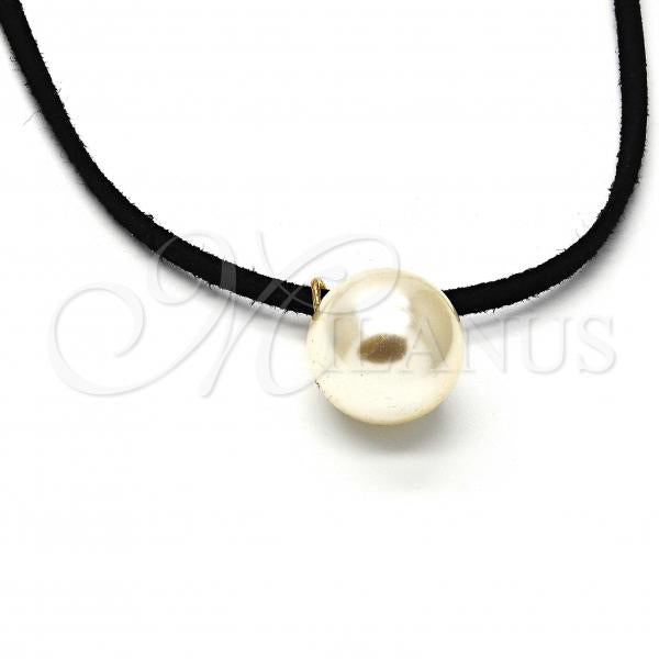 Oro Laminado Fancy Necklace, Gold Filled Style Choker and Ball Design, with Ivory Pearl, Polished, Golden Finish, 04.215.0014.72