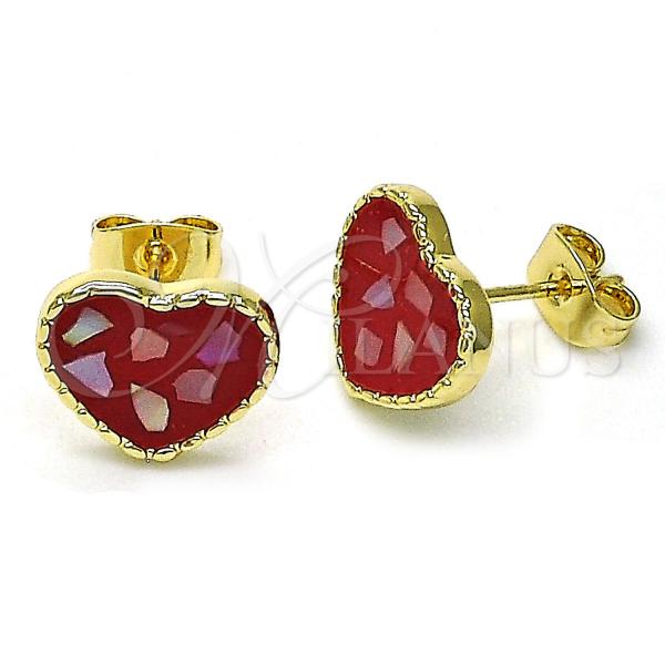 Oro Laminado Stud Earring, Gold Filled Style Heart Design, with Ivory Mother of Pearl, Red Enamel Finish, Golden Finish, 02.411.0024.2