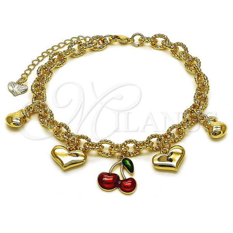 Oro Laminado Charm Bracelet, Gold Filled Style Cherry and Heart Design, Red Enamel Finish, Golden Finish, 03.282.0006.07