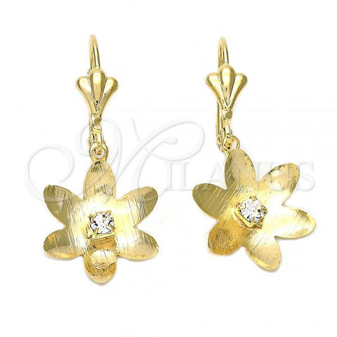 Oro Laminado Dangle Earring, Gold Filled Style Flower Design, with White Cubic Zirconia, Matte Finish, Golden Finish, 88.014