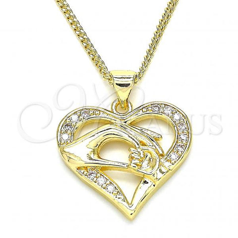 Oro Laminado Pendant Necklace, Gold Filled Style Heart and Hand Design, with White Micro Pave, Polished, Golden Finish, 04.156.0337.20