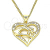 Oro Laminado Pendant Necklace, Gold Filled Style Heart and Hand Design, with White Micro Pave, Polished, Golden Finish, 04.156.0337.20