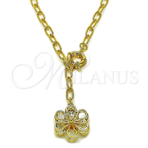 Oro Laminado Fancy Necklace, Gold Filled Style Flower and Rolo Design, with White Cubic Zirconia, Polished, Golden Finish, 04.63.1443.20