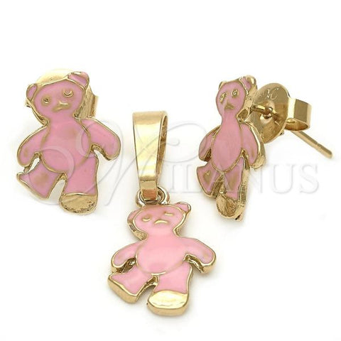 Oro Laminado Earring and Pendant Adult Set, Gold Filled Style Teddy Bear Design, Enamel Finish, Golden Finish, 10.64.0093