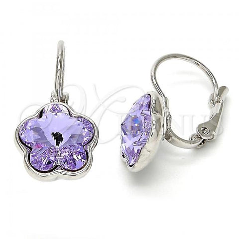 Rhodium Plated Leverback Earring, Flower Design, with Amethyst Swarovski Crystals, Polished, Rhodium Finish, 02.239.0012.6