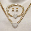 Oro Laminado Necklace, Bracelet and Earring, Gold Filled Style Heart and Miami Cuban Design, with White Cubic Zirconia, Polished, Golden Finish, 06.282.0002