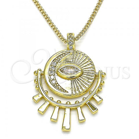 Oro Laminado Pendant Necklace, Gold Filled Style Evil Eye and Moon Design, with White Micro Pave and White Cubic Zirconia, Polished, Golden Finish, 04.313.0050.20