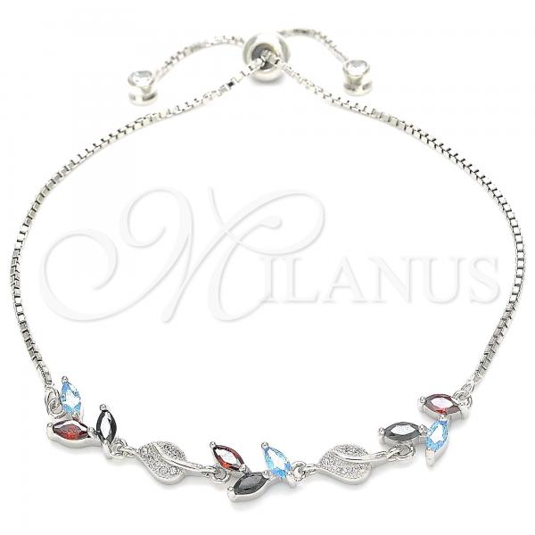 Sterling Silver Fancy Bracelet, Leaf Design, with Multicolor Cubic Zirconia and White Micro Pave, Polished, Rhodium Finish, 03.175.0005.11