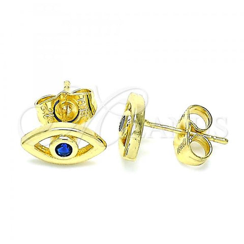 Oro Laminado Stud Earring, Gold Filled Style Evil Eye Design, with Sapphire Blue Cubic Zirconia, Polished, Golden Finish, 02.156.0605