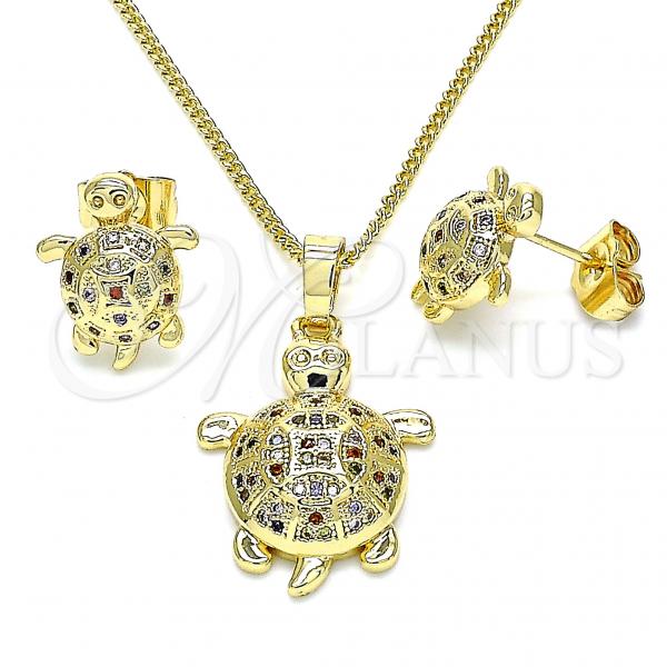 Oro Laminado Earring and Pendant Adult Set, Gold Filled Style Turtle Design, with Multicolor Micro Pave, Polished, Golden Finish, 10.284.0018